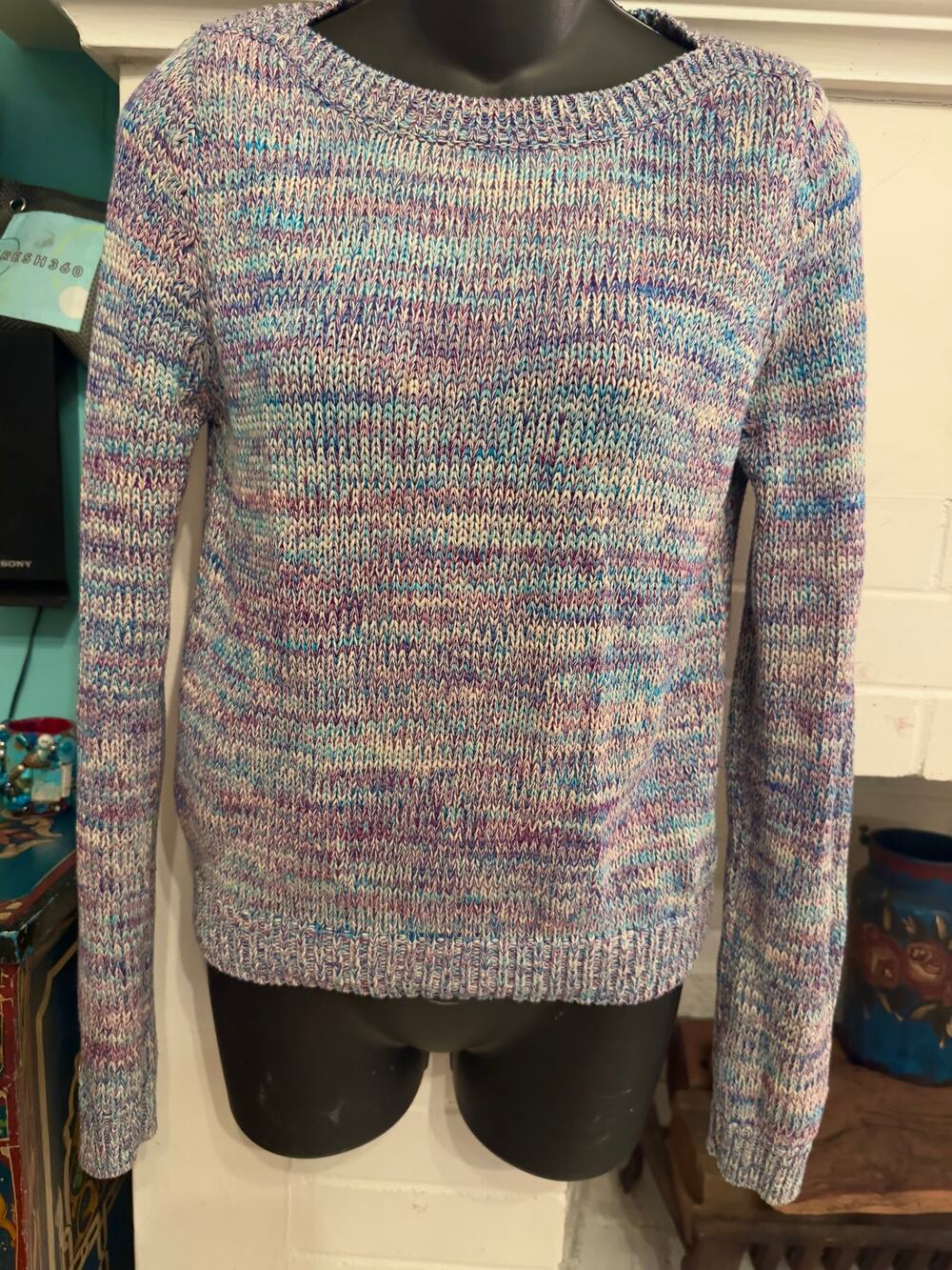 NEW 525 AMERICA 100% COTTON KNIT SWEATER LAVENDER & BLUE MARLED HEATHER TWEED S
